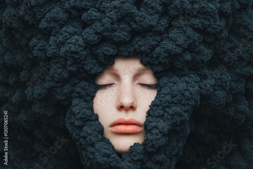 A unique portrait of a model with an artistic, textured black wool like hairstyle, conveying a sense of tranquility and creativity in an abstract style