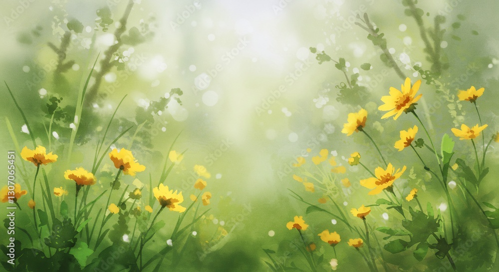 Obraz premium Soft sunlight illuminates vibrant yellow wildflowers. AI Generated