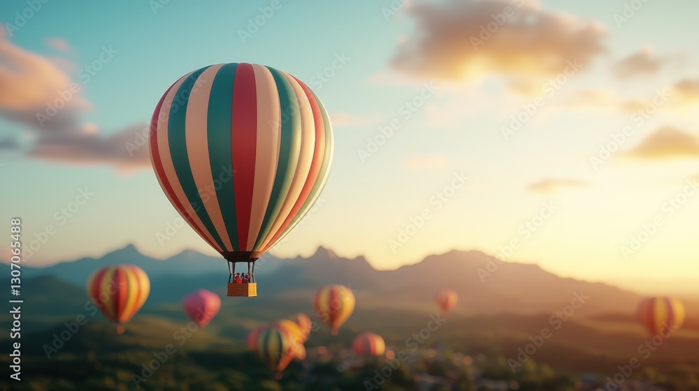 Obraz premium Colorful Hot Air Balloons Flying Above Scenic Mountain Landscape at Sunrise with Soft Clouds in the Sky