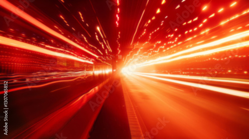 Red light from cars on a highway at night creates an abstract motion blur, with blurred speed lights from long exposure effect suitable for background design and concept.