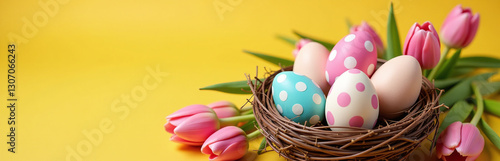 Decorated Eggs Sit In A Nest Surrounded By Pink Tulips Against A Bright Yellow Background For Easter Display.