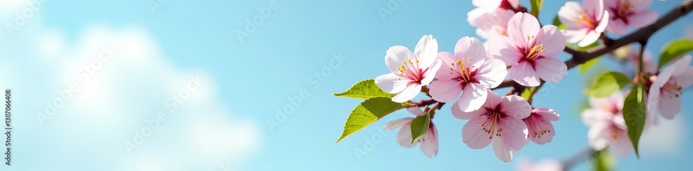 Fototapeta premium Branch of cherry blossom with green leaves against sky, season, flora