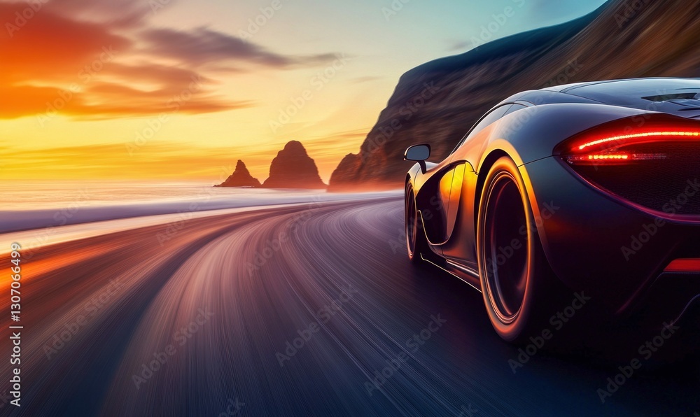 Naklejka premium Sleek Sports Car Speeding on Coastal Highway at Sunset