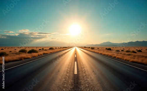 Vast open road leading to a bright sunset, symbolizing future possibilities and journeys ahead photo