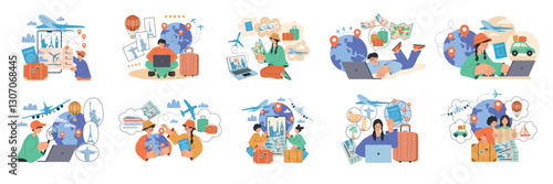 Adventure plan. Happy tourists preparing on vacation trip rout organization tickets buying and check in hotel recent vector concept illustrations