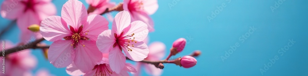 Artistic close up of pink cherry blossoms on a blue backdrop, soft, season Artistic close up of pink cherry blossoms on a blue backdrop, soft, season