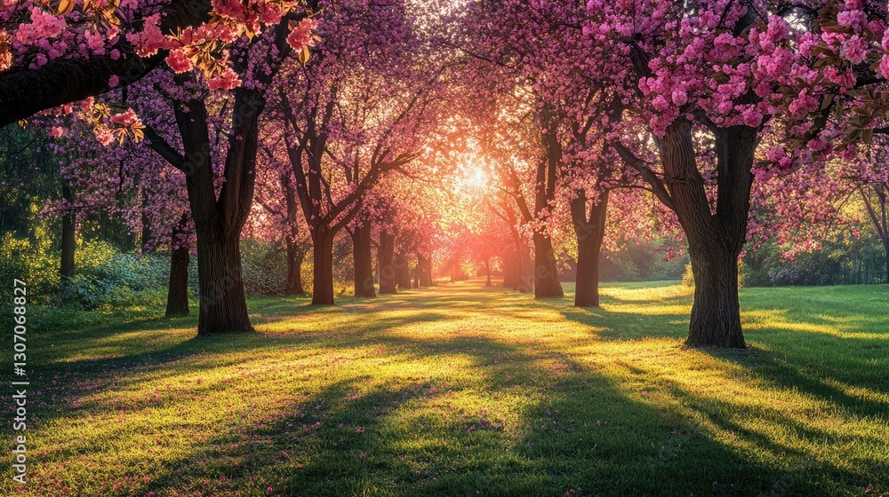 Naklejka premium Delight in the serene atmosphere of spring where colorful blossoms fill the landscape and warm sunlight creates a peaceful ambiance in nature