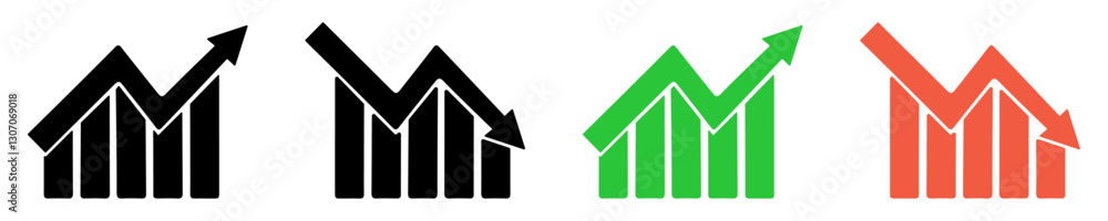 Graphic finance up down vector icon. Red green black arrow chart graph. Market stock rate price grow and decline. Graphic finance up down vector icon. Red green black arrow chart graph. Market stock rate price grow and decline.