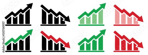 Graphic finance up down vector icon. Red green black  arrow chart graph. Market stock rate price grow and decline.