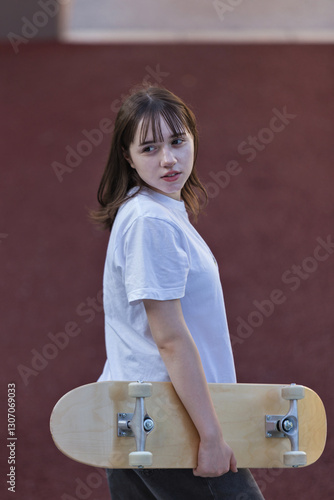 Girl with skateboard, sport. Cute girl in the city.