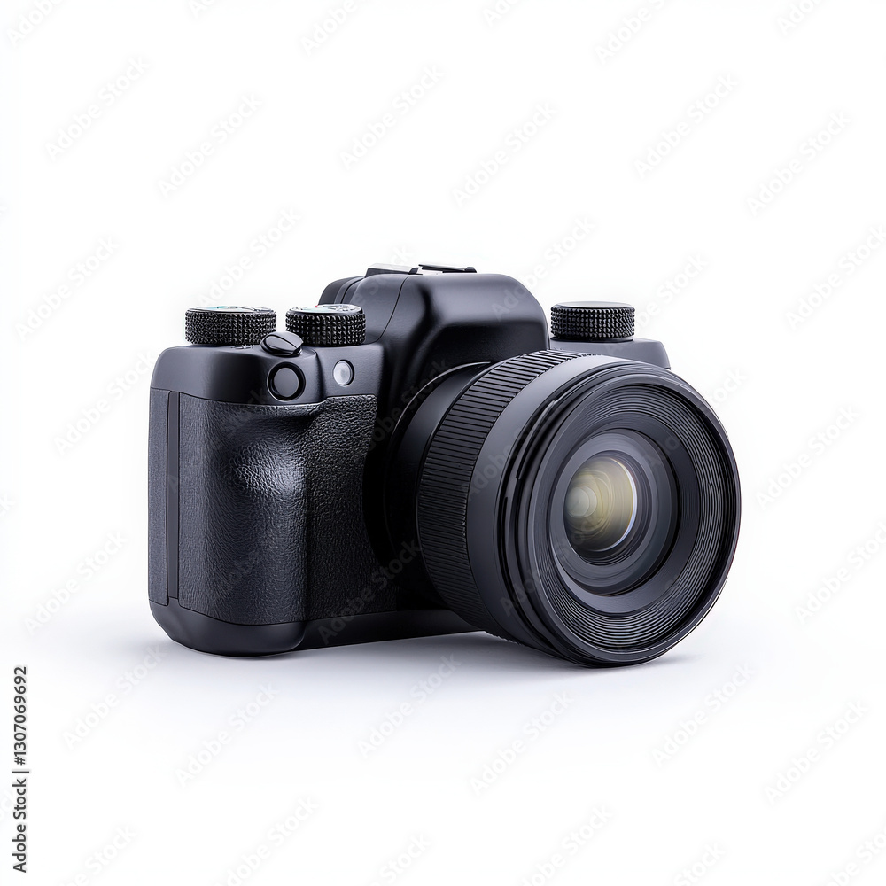 A sleek black camera with a textured grip and prominent lens, ideal for photography enthusiasts and professionals. A sleek black camera with a textured grip and prominent lens, ideal for photography enthusiasts and professionals.