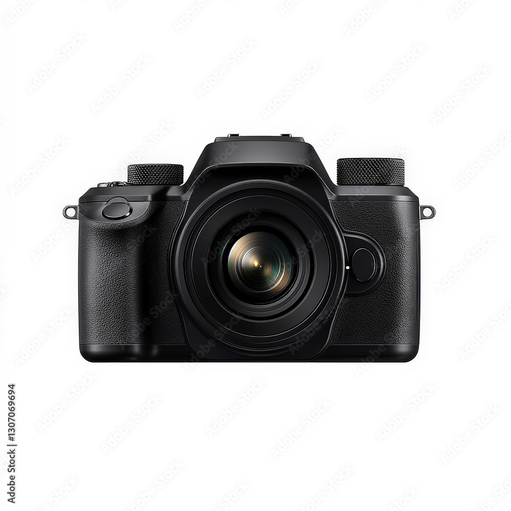 A DSLR camera with a textured body, featuring a prominent lens, designed for photography enthusiasts and professionals. A DSLR camera with a textured body, featuring a prominent lens, designed for photography enthusiasts and professionals.