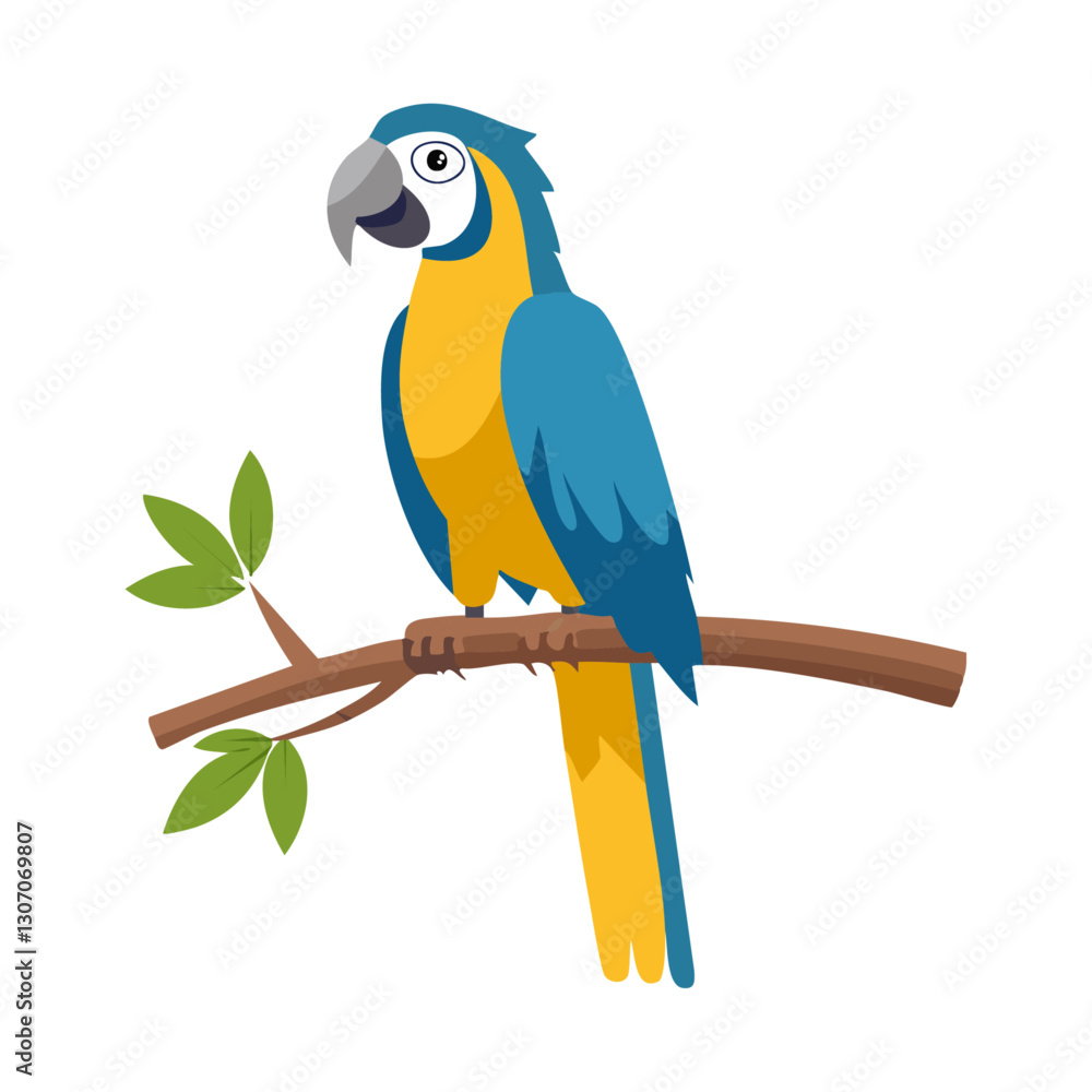 Fototapeta premium Macaw parrot sitting on a branch vector illustration. Exotic yellow blue bird on isolated background
