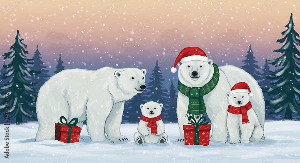 Fototapeta premium Illustration of Polar Bear Family in Winter Landscape - Christmas Greeting - Holiday Card Design