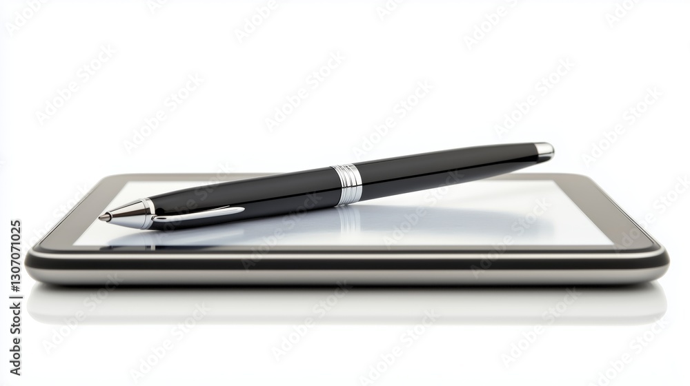 Black pen rests on tablet screen modern digital device AI generated Black pen rests on tablet screen modern digital device AI generated