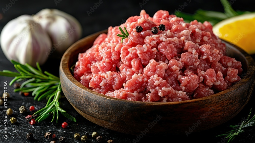 Ground beef in bowl with herbs and spices Ground beef in bowl with herbs and spices