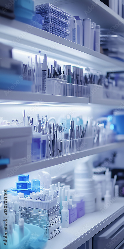 A detailed view of a medical storage shelf filled with various surgical instruments, tools, and containers, neatly organized in a clean, sterilized environment. A detailed view of a medical storage shelf filled with various surgical instruments, tools, and containers, neatly organized in a clean, sterilized environment.