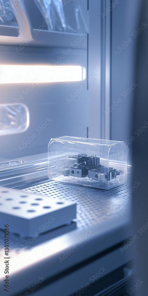 A detailed close-up shot of a scientific device inside a transparent container, placed on a high-tech metallic surface in a laboratory environment. A detailed close-up shot of a scientific device inside a transparent container, placed on a high-tech metallic surface in a laboratory environment.