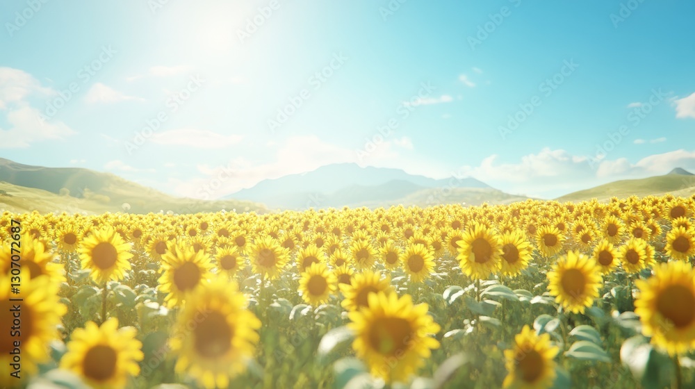 Obraz premium Golden field of sunflowers under a clear blue sky, bright and cheerful, cinematic and peaceful, highly detailed, warm and vibrant
