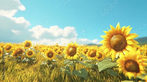 Golden field of sunflowers under a clear blue sky, bright and cheerful, cinematic and peaceful, highly detailed, warm and vibrant