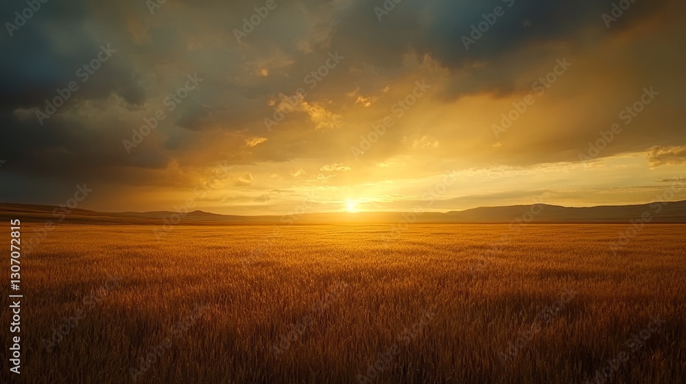 Golden wheat field under a dramatic sky, sunset light, soft and peaceful, cinematic wide shot, vibrant and warm, detailed and serene Golden wheat field under a dramatic sky, sunset light, soft and peaceful, cinematic wide shot, vibrant and warm, detailed and serene