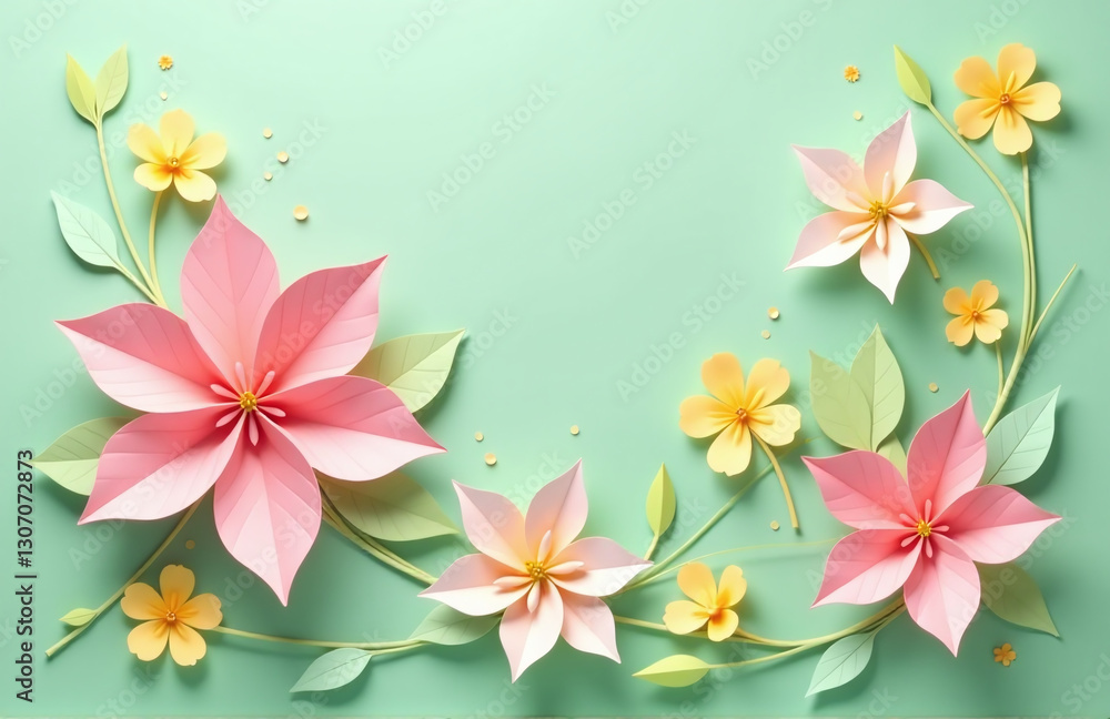 Beautiful Paper Cut Art Featuring Pink And Yellow Origami Flowers On A Soft Green Pastel Background With Springtime Design Elements. Beautiful Paper Cut Art Featuring Pink And Yellow Origami Flowers On A Soft Green Pastel Background With Springtime Design Elements.