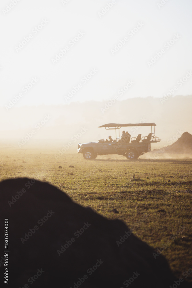 Safari vehicle rushing over grassy landscape with dust coming up near Hwange nationalpark in Zimbabwe Safari vehicle rushing over grassy landscape with dust coming up near Hwange nationalpark in Zimbabwe