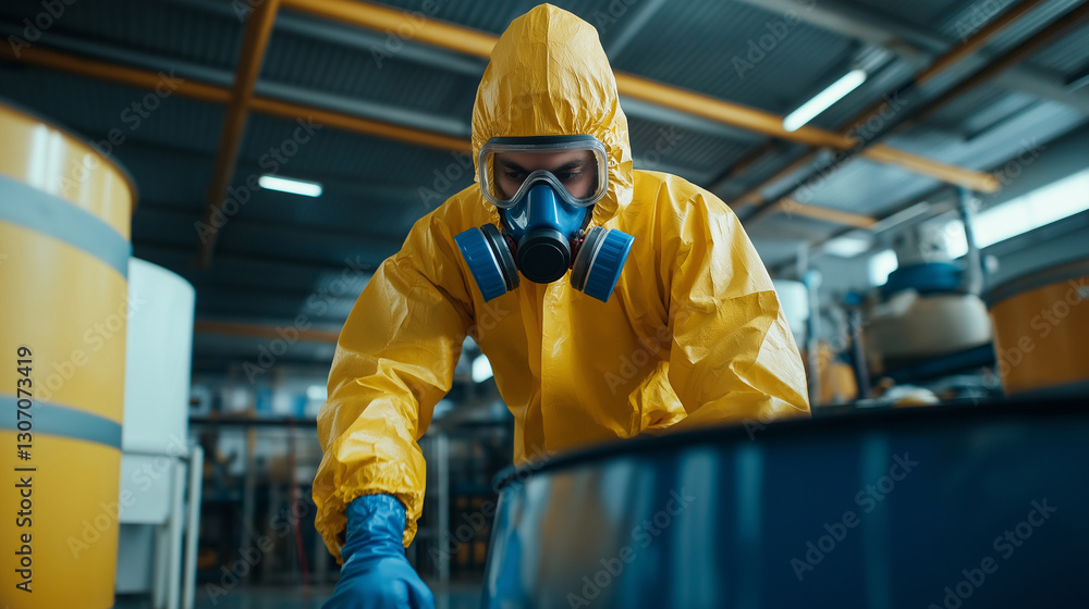 A worker in a yellow hazmat suit, complete with a gas mask, checks the safety procedures near a barrel containing toxic chemicals in a high-risk industrial facility. The scene emph A worker in a yellow hazmat suit, complete with a gas mask, checks the safety procedures near a barrel containing toxic chemicals in a high-risk industrial facility. The scene emph