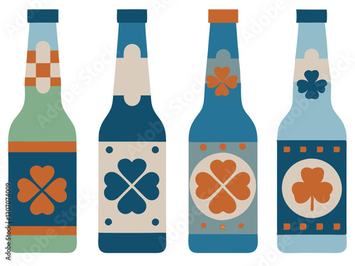 A set of St. Patrick’s Day-themed beer bottles with different label designs and shamrock decorations, isolated on a white background.
