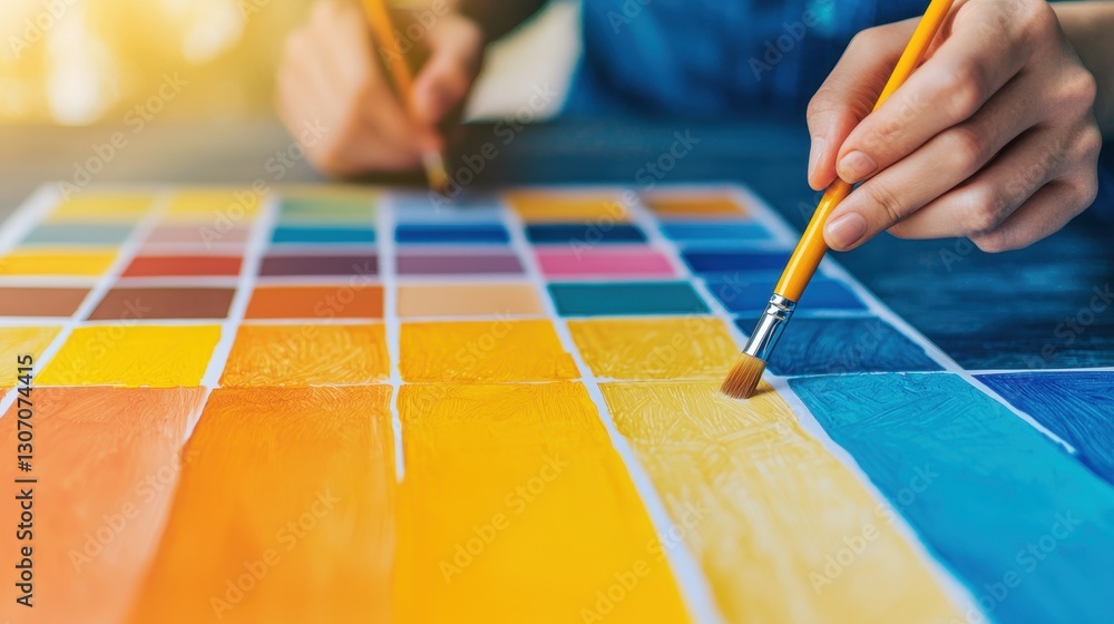 Obraz premium Close-Up of Hands Painting a Color Palette with Brush and Watercolors on a Wooden Table in Bright Light