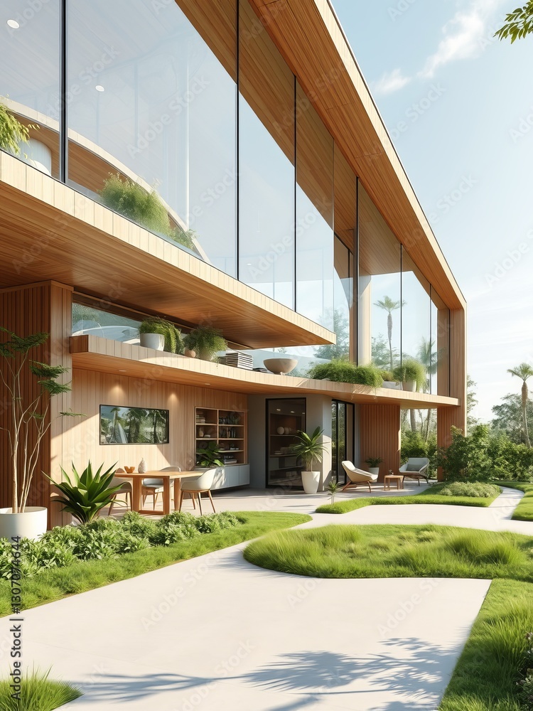 Fototapeta premium Charming Modern House with Expansive Glass Window Surrounded by Lush Greenery and Bright Blue Sky