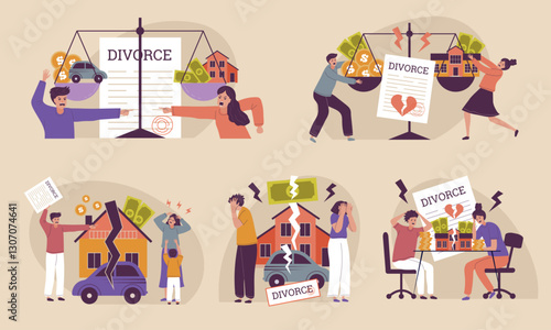 Division of property. Family conflict divorce proceedings and division of jointly acquired property recent vector conceptual stylized flat illustration