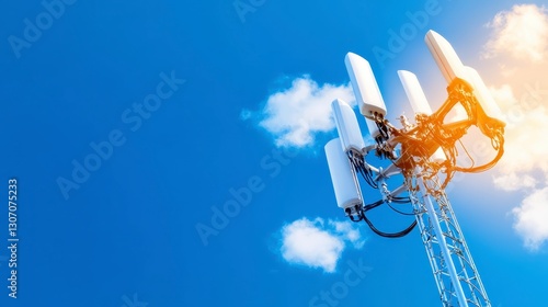 Low angle view of a cellular tower against a bright blue sky with fluffy white clouds. Sunlight illuminates the top of the tower.