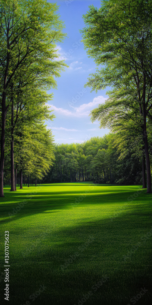 Obraz premium A tranquil landscape showcasing lush green grass and vibrant trees under a clear blue sky, inviting peace and reflection in nature’s embrace.