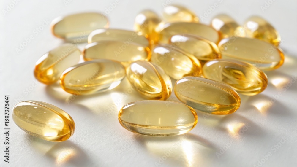 Golden capsules on white surface with bright reflections for health and nutrition products
Golden capsules on white surface with bright reflections for health and nutrition products