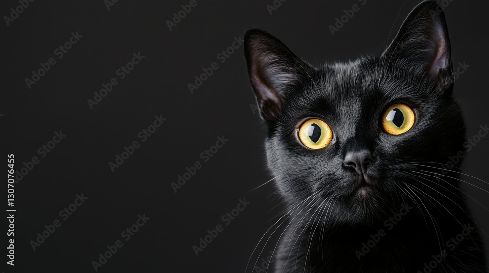 Black cat with striking yellow eyes gazes curiously against a dark background during a close-up session