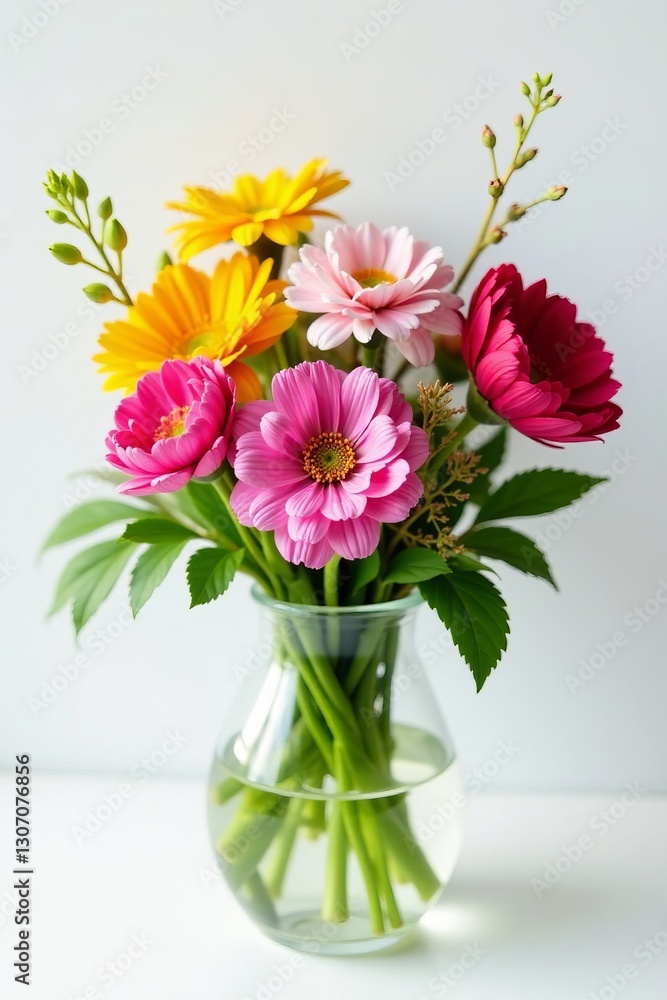 A beautiful bunch of assorted flowers in a glass vase on a white background, variety, colorful, arrangement A beautiful bunch of assorted flowers in a glass vase on a white background, variety, colorful, arrangement