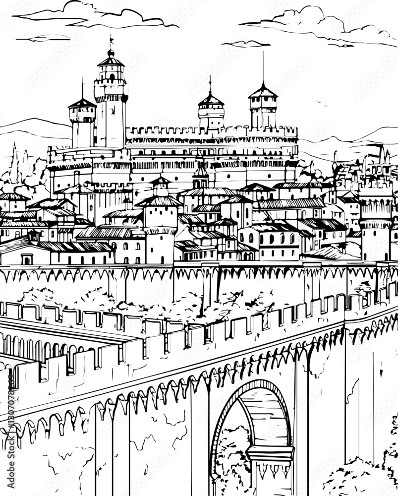 Obraz premium architecture, building, coloring page, sketch, drawing, city, vector, street, illustration, town, church, old, paris, art, house, urban, london, landscape, europe, travel, cityscape, construction, tre