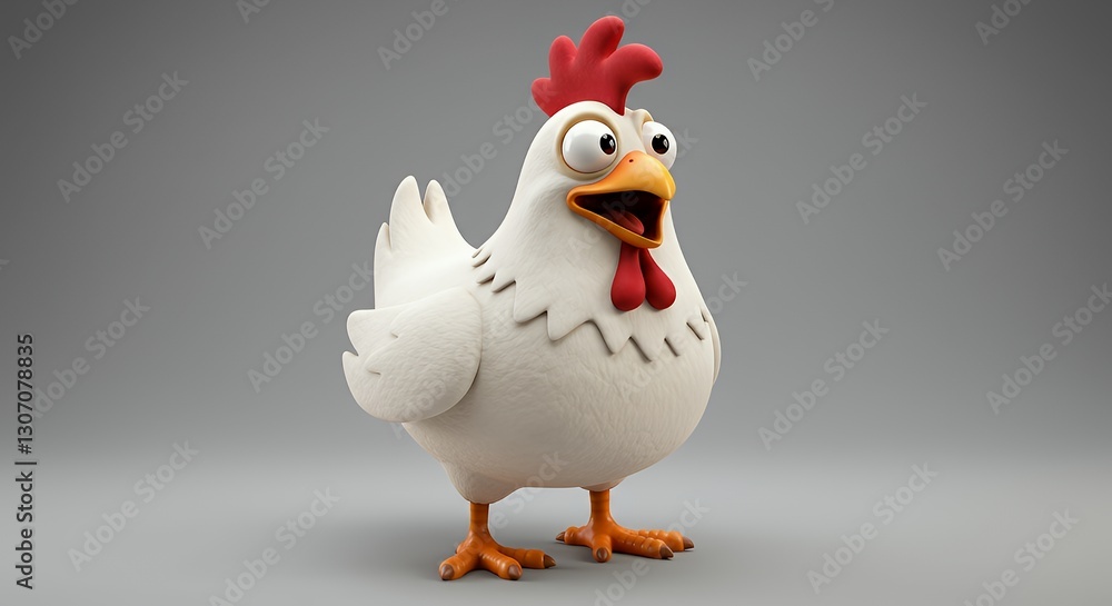 Cartoon White Chicken Standing with an Open Beak on Grey Background Cartoon White Chicken Standing with an Open Beak on Grey Background