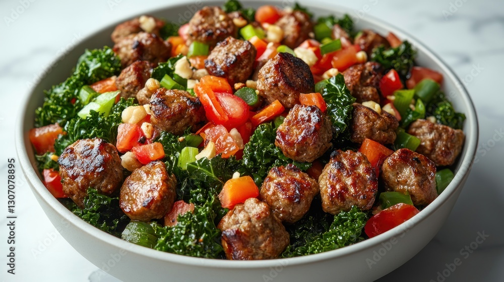 Hearty Kale Salad with Meatballs on Marble Hearty Kale Salad with Meatballs on Marble