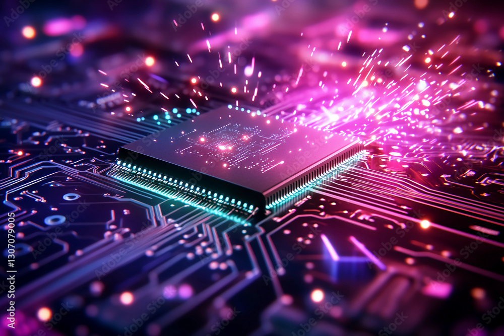 Obraz premium Electrifying Circuit Board with Sparks in Green and Magenta, Creating a High-Speed Data Flow with Intense Futuristic Energy and Technology Vibes