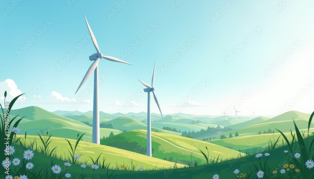 Fototapeta premium Modern wind turbines towering over green hills, renewable energy symbolism