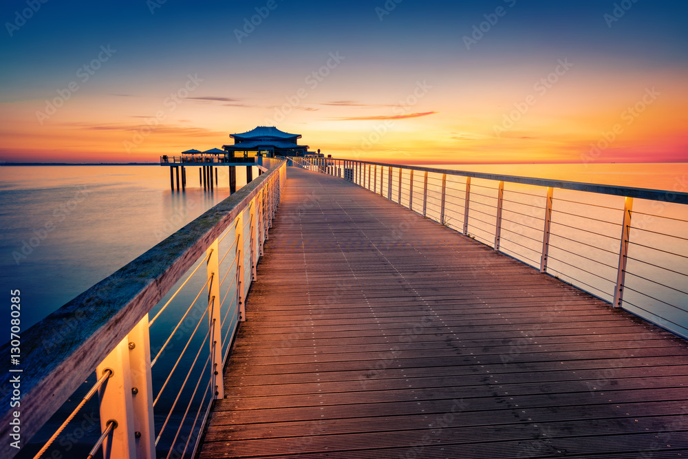 Fototapeta premium Dramatic morning seascape of Baltic sea. Calm summer sunrise on Wolkenlos Timmendorfer Strand illuminated pier, Germany, Europe. Traveling concept background.