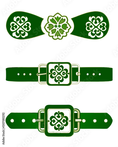 A set of different leprechaun belt buckle designs, featuring ornate gold engravings, shamrock embellishments, and classic square buckles on green leather straps, isolated on a white background.
