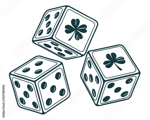 A vector collection of dice with shamrock symbols replacing traditional dots, featuring different angles, perspectives, and glowing effects, isolated on a white background.
