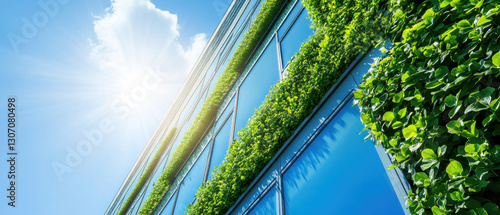 Green vertical garden on modern office building with sunlight
