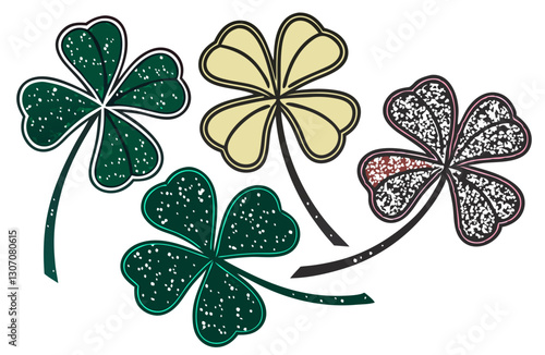 A pack of sparkling shamrock shapes in glittery textures, isolated on a white background.
