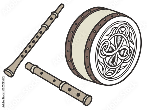 A collection of Irish musical instruments, including traditional Irish drums (bodhrán) and wooden flutes with Celtic engravings, isolated on a white background.
