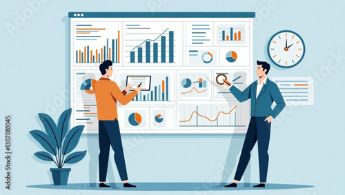 Business team conducting market analysis for research and development in vector illustration