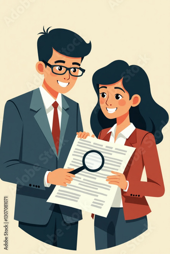 Businessman and businesswoman analyzing financial document with magnifying glass